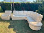Beige leren hoekbank met uitklapbare fauteuil, Ophalen, Gebruikt, Overige materialen, Meer dan 8 zitplaatsen