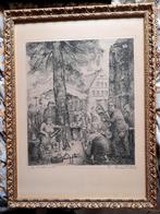 Ets Geo Langie ,de prondelmarkt ,Gent,gesigneerd, Antiek en Kunst, Kunst | Etsen en Gravures, Ophalen