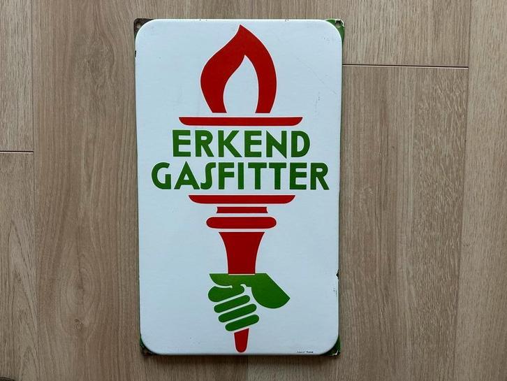 Emaille reclamebord Erkend Gasfitter Langcat jaren 60, Verzamelen, Merken en Reclamevoorwerpen, Gebruikt, Reclamebord, Verzenden