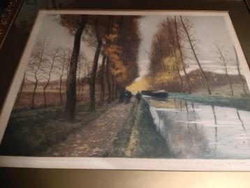gravure signée Henri Jourdain, cheval de trait et bateau flu, Enlèvement
