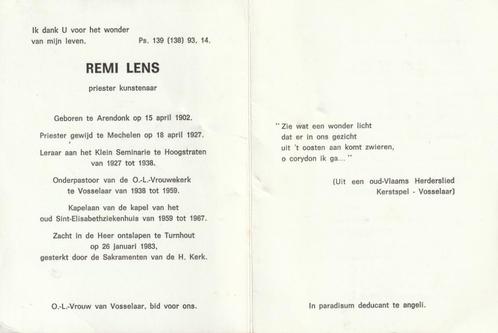 Priester kunstenaar Remi Lens, Verzamelen, Bidprentjes en Rouwkaarten, Ophalen of Verzenden