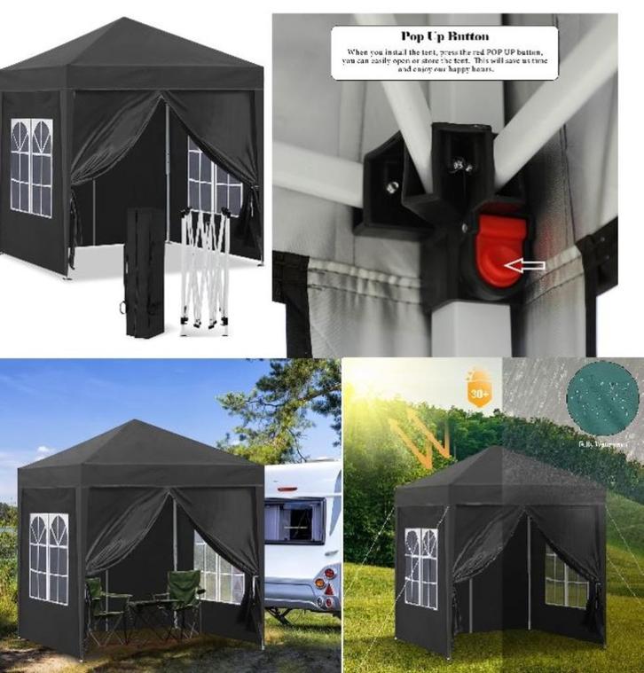 New Pop-Up-Tent Vouwtent Met Uniek Vouwsysteem 2x2m. Zwart., Caravans en Kamperen, Mobilhome-accessoires, Nieuw, Ophalen of Verzenden