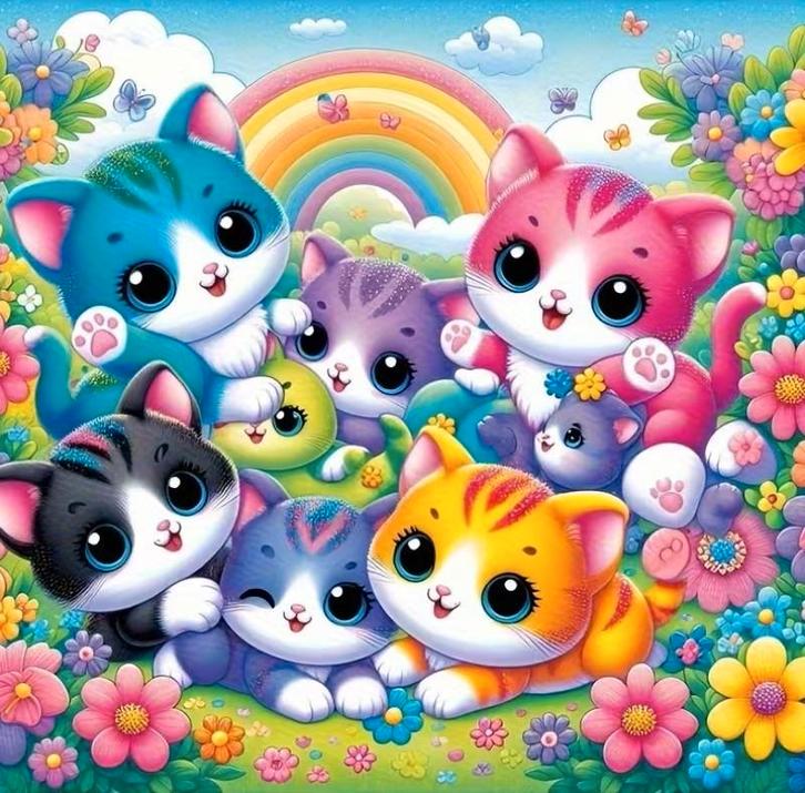 Peinture au diamant, chats arc-en-ciel, 20 x 20 cm (rond), Hobby & Loisirs créatifs, Bricolage, Neuf, Bricolage, Enlèvement ou Envoi