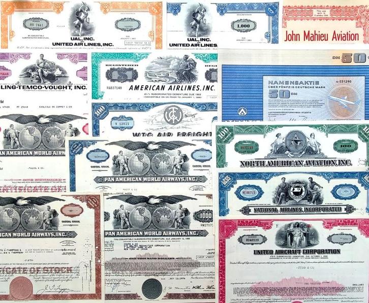 Verzameling 14X luchtvaartaandelen 1948-1976, Postzegels en Munten, Aandelen en Waardepapieren, Certificaat van aandeel, 1950 tot 1970