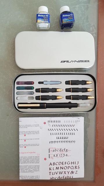 Kaligrafieset Bruynzeel + inkt + messing lettersjabloon beschikbaar voor biedingen
