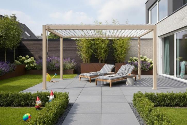Bioklimatische pergola houtlook en wit 4 x3m, Jardin & Terrasse, Verrières, Neuf, Autres types, Enlèvement