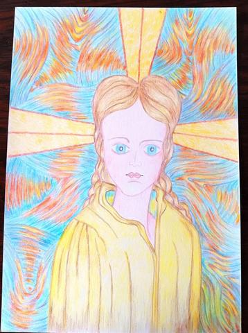 Religieuze naieve tekening in kleur beschikbaar voor biedingen