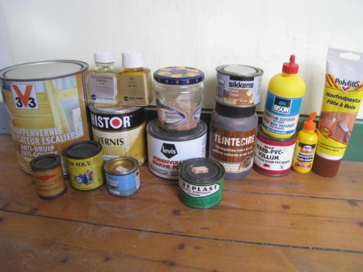 15 potten vernis, verguldsel, verglazer, porienvuller, enz.., Doe-het-zelf en Bouw, Verf, Beits en Lak, Ophalen