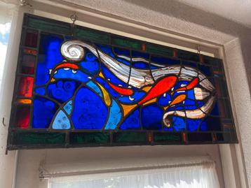 GLAS IN LOOD kunst VISSEN vis wit & rood blauwe achtergrond beschikbaar voor biedingen