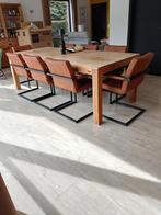 Teak tafel met 8 stoelen cognackleur, Huis en Inrichting, Tafels | Eettafels, Ophalen, Gebruikt, 100 tot 150 cm, Teakhout