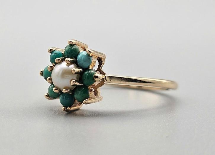Gouden Vintage ring  edelsteen turkooise en parel. 2024/167, Handtassen en Accessoires, Ringen, Ophalen of Verzenden