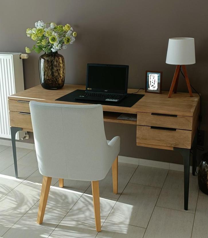 Bureau 4 tiroirs en manguier et acacia, Maison & Meubles, Bureaux, Comme neuf, Bureau, Enlèvement