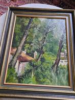 schilderij van boszicht in olieverf op doek, Ophalen, Zo goed als nieuw, Schilderij, 50 tot 75 cm