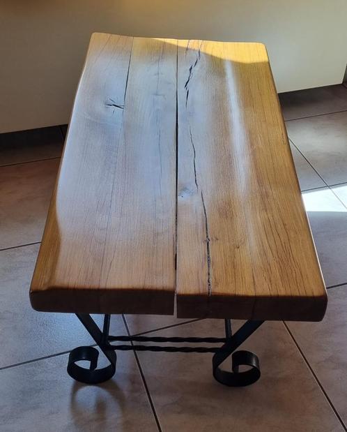 Massief eikenhouten woonkamertafel met smeedijzeren poten, Huis en Inrichting, Tafels | Salontafels, Eikenhout, Ophalen