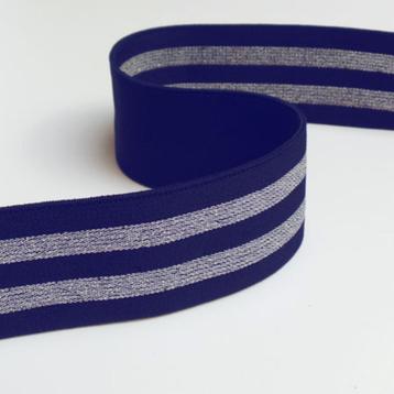 5855) Zacht zilver strepen elastiek donkerblauw breed 4cm