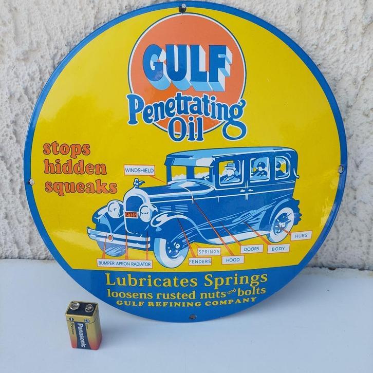 GEËMAILLEERDE PLAAT GULF COMPANY OIL HERUITGAVE 2000 USA VGC, Verzamelen, Merken en Reclamevoorwerpen, Zo goed als nieuw, Reclamebord