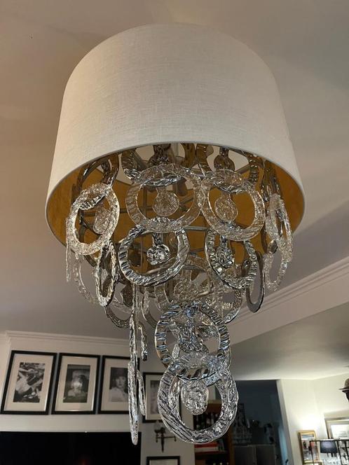 Kroonluchter – luchter glazen ringen met linnen creme lampen, Maison & Meubles, Lampes | Plafonniers, Comme neuf, Verre, Métal