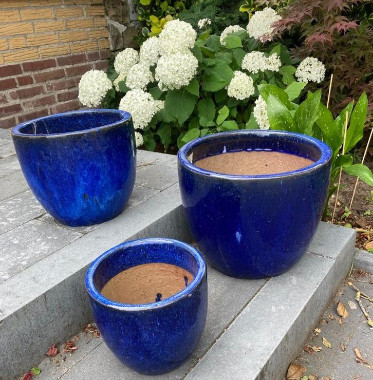 TUINPOTTEN BLUE GEGLAZUURD 3 DLG SET NIEUW, Tuin en Terras, Bloembakken en Plantenbakken, Nieuw, Steen, Balkon, Tuin, 30 tot 60 cm