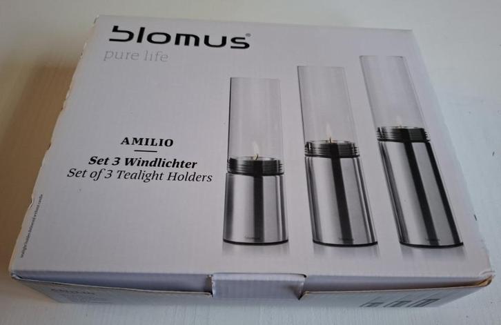 Set van 3 Blomus Amilio windlichten in doos, Huis en Inrichting, Woonaccessoires | Kandelaars en Kaarsen, Zo goed als nieuw, Kandelaar