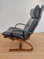 Vintage fauteuil Scandinavisch design zwart leer 70s, Gebruikt, Leer, Vintage, Eenpersoons