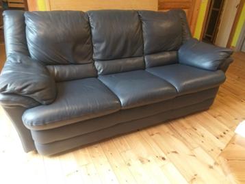 Divan cuir bleu 3 places, 200 à 250 cm, Banc droit, Comme neuf, Enlèvement