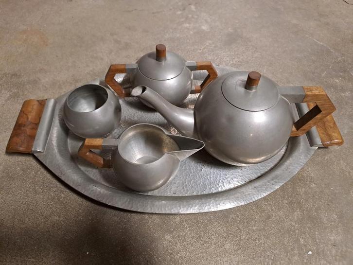 Topstuk! Art Deco theeservies tin met rozenhout, Antiek en Kunst, Antiek | Tin, Ophalen of Verzenden