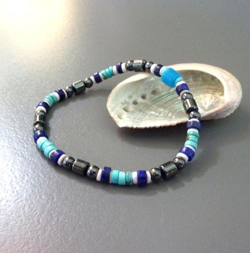 Fijne Indiaanse armband voor man of vrouw in turkoois, lapis, Handtassen en Accessoires, Armbanden, Nieuw, Elastiek, Blauw, Met bedels of kralen