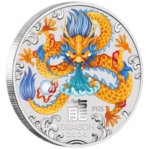 Zilver munt lunar II year of the dragon 2024 1 oz kleur, Postzegels en Munten, Edelmetalen en Baren, Zilver, Ophalen of Verzenden