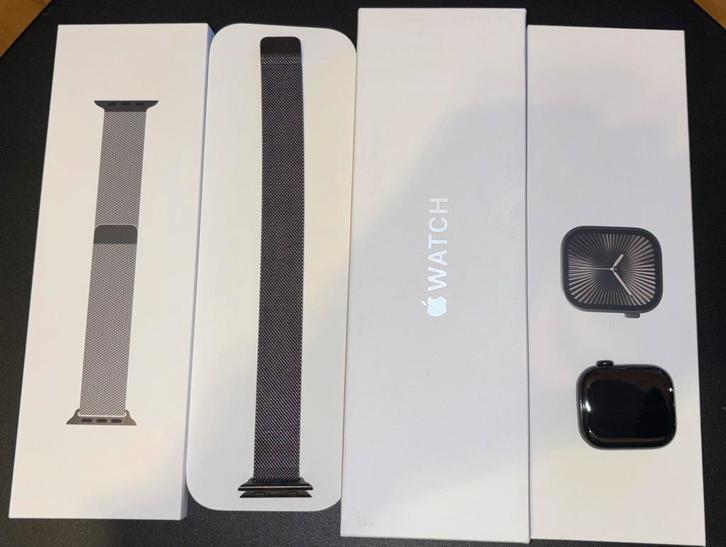 Apple Watch Series 10 42mm Titanium Zwart Milanese Band, Handtassen en Accessoires, Smartwatches, Zo goed als nieuw, iOS, Zwart