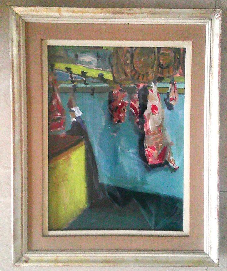 interieur Slagerij met vrouw en hangend vlees - ca. 1950, Antiek en Kunst, Kunst | Schilderijen | Klassiek, Ophalen of Verzenden