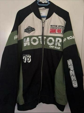 Bershka denim motorcross jacket in black and green, Bershka, Taille 52/54 (L), Comme neuf, Vert