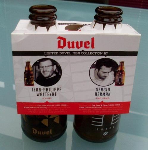 2 lege mini-flesjes van Duvel van 2 topshefs, Verzamelen, Biermerken, Gebruikt, Flesje(s), Duvel, Ophalen of Verzenden