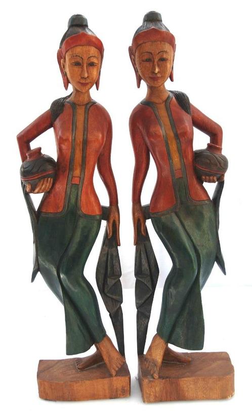 Asie du S-E statues bois 2 jeunes filles, Antiquités & Art, Curiosités & Brocante, Enlèvement ou Envoi
