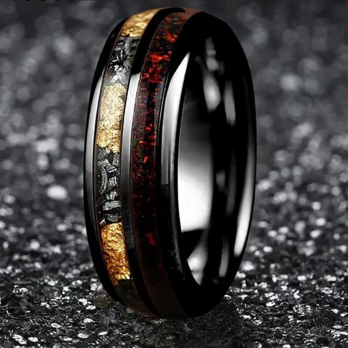 Trouwringen wolfraam met rood Opaal en zwart - Vince, Handtassen en Accessoires, Ringen, Nieuw, Dame of Heer, Overige kleuren