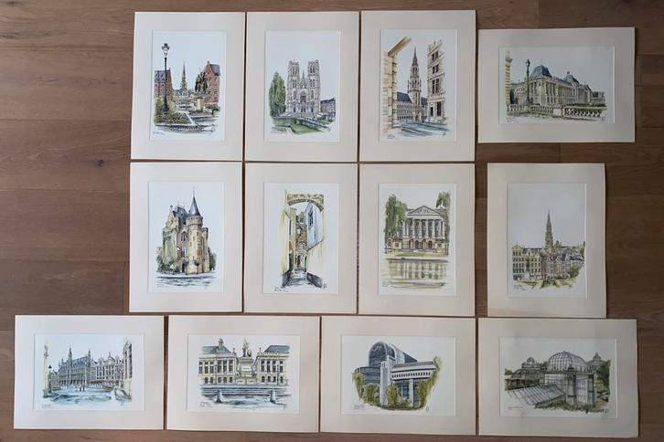 Lot van 12 stuks Gesigneerde Litho’s “Math” van Brussel, Antiek en Kunst, Kunst | Litho's en Zeefdrukken, Ophalen of Verzenden