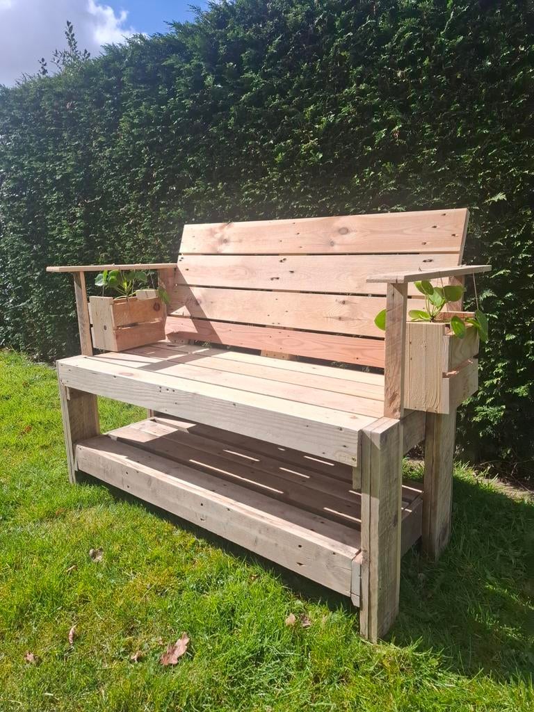 Handgemaakte tuinbank met plantenbakjes UNIEK DESIGN, Ophalen, Nieuw, Hout