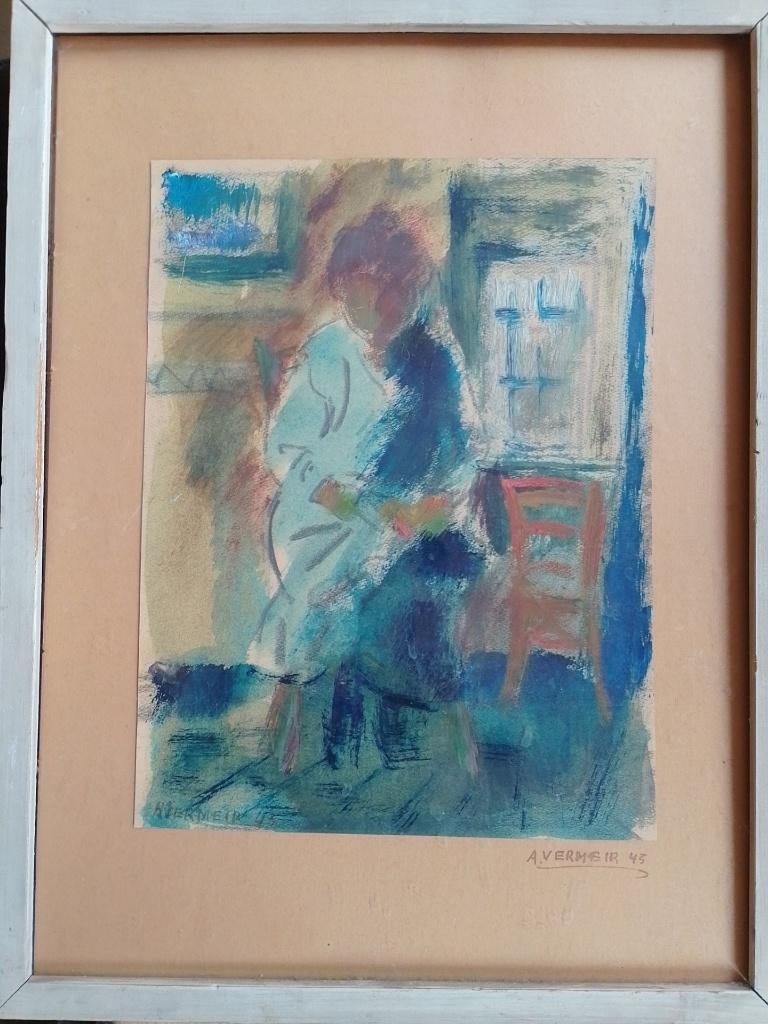 Alfons Vermeir  1905 - 1994  Aquarel  Dame in interieur, Verzenden