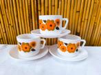 3 tasses et soucoupes vintage Arcopal déco Lotus, orange, Enlèvement ou Envoi, Verre, Utilisé, Autres styles
