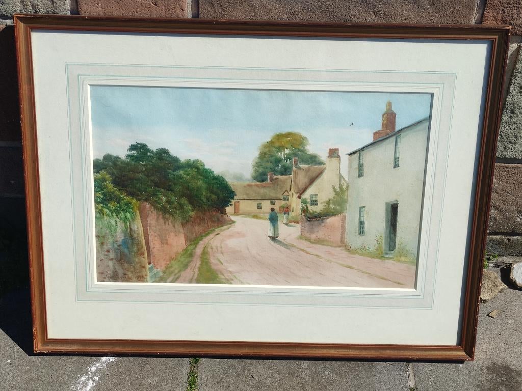 Aquarelle chemin animee signe george oyston, Antiquités & Art, Enlèvement ou Envoi