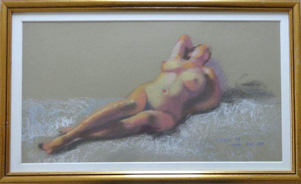 CAROLINE STEEL / NAAKT / ORIGINEEL WERK / 36x59cm / KADER, Enlèvement ou Envoi