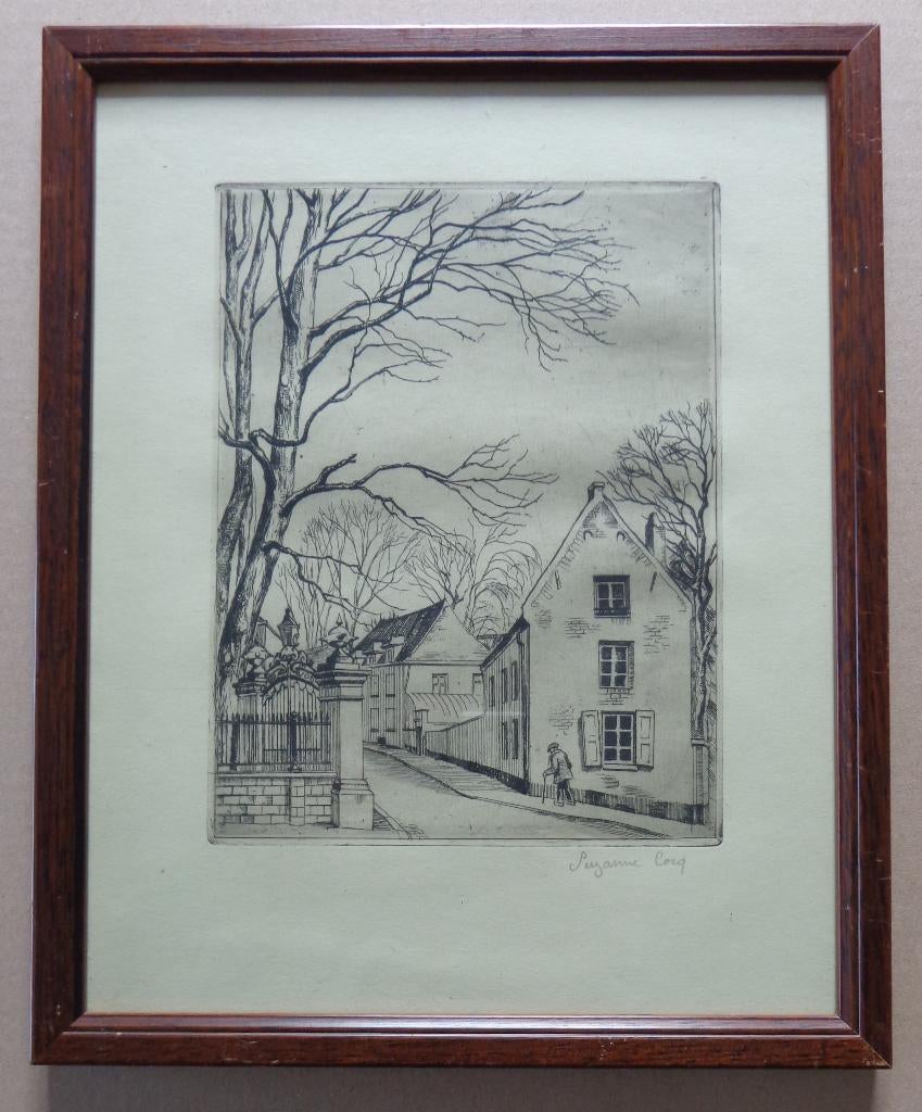 SUZANNE COCQ / DORPSZICHT / ZW-W ETS / 32x26cm / KADER / SIG, Eau-forte, Enlèvement ou Envoi, Signé, Architecture