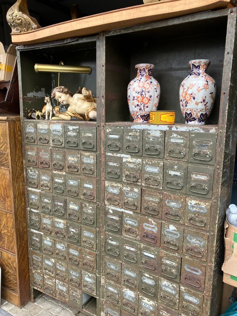 2x Vintage industriële metalen Fichekast / ladekast, Ophalen, Zo goed als nieuw