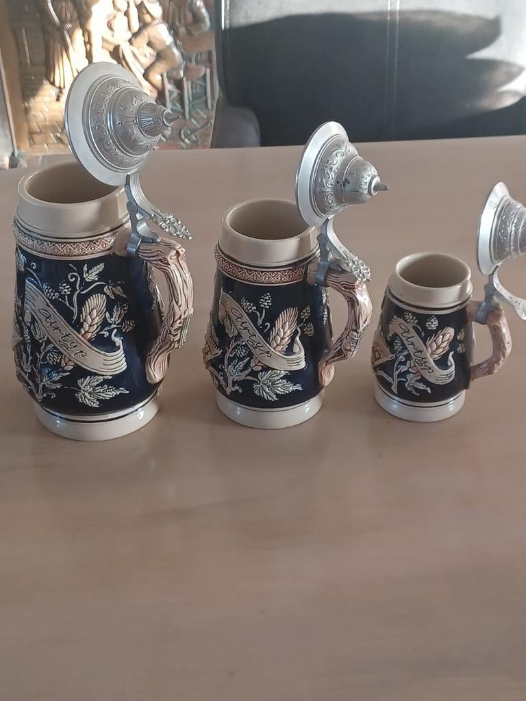 Bierkannen met tinnen deksels. Zwart/blauw, Ophalen of Verzenden