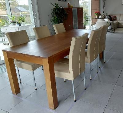 eettafel in kersenhout en zes lederen stoelen, Ophalen, 200 cm of meer, 50 tot 100 cm, Zo goed als nieuw