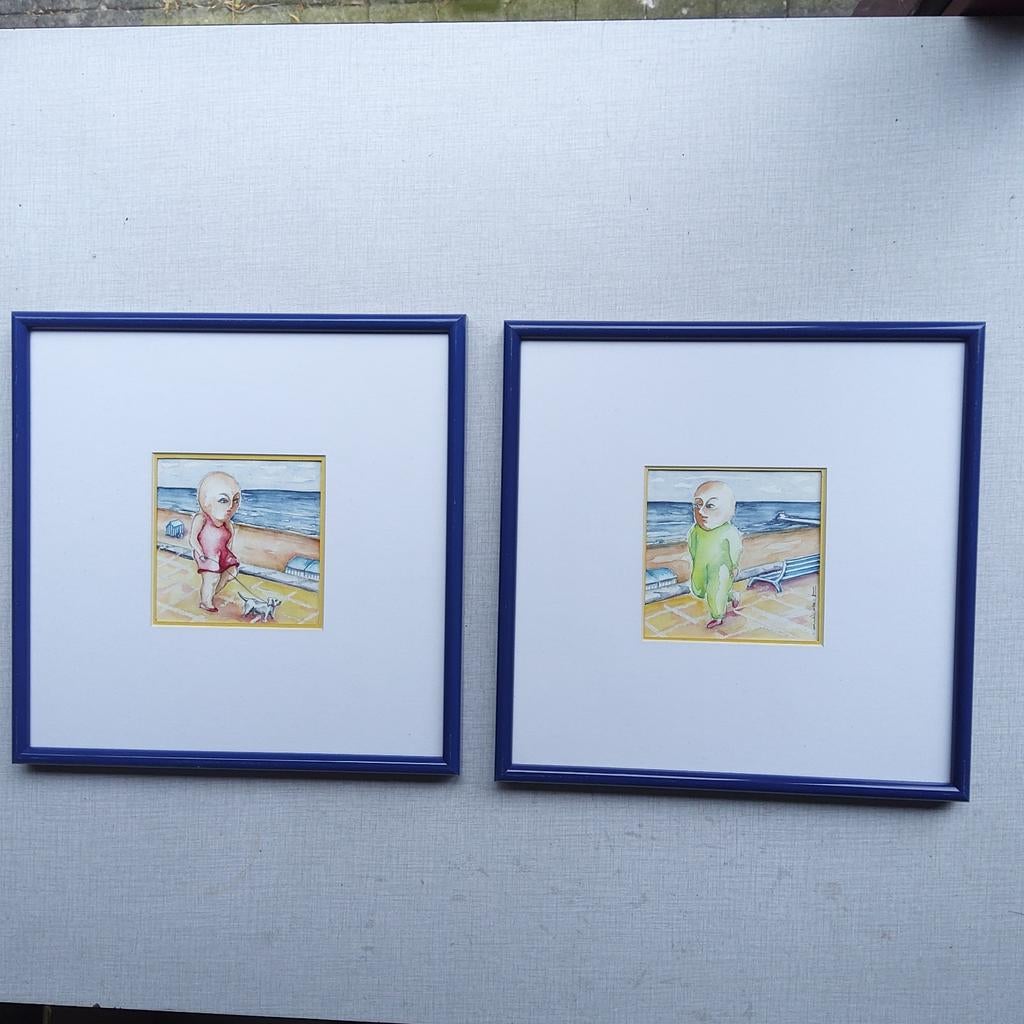 Set van 2 ingelijste aquarellen "Ontmoeting op de Zeedijk"., Ophalen of Verzenden