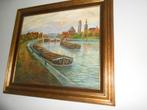Schilderij met zicht op Leie + stadhuis  te Comines France, Ophalen