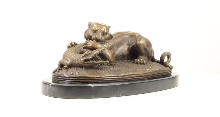 Prachtig Bronzen Beeld Tiger en Gavial GRATIS LEVERING, Antiek en Kunst, Antiek | Brons en Koper, Brons, Verzenden