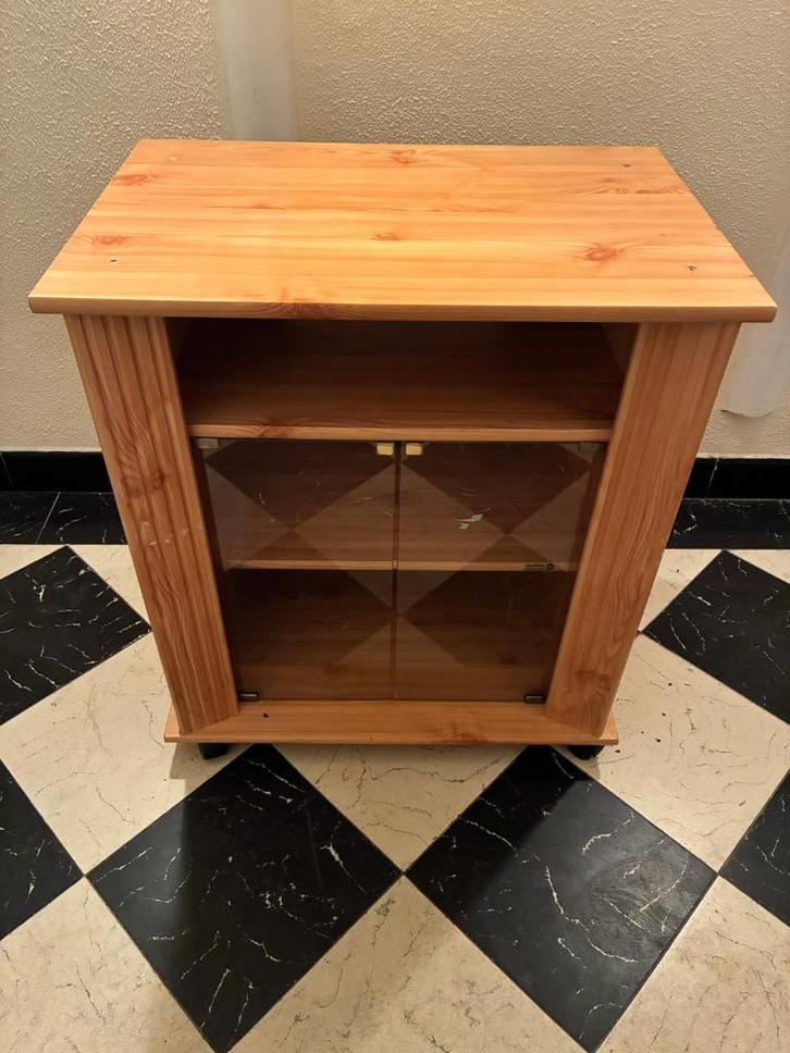 Meuble bois porte vitrée sur roulettes (TV), Huis en Inrichting, Kasten |Televisiemeubels, Gebruikt, Minder dan 100 cm, 50 tot 100 cm