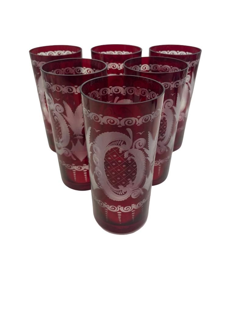 6 rode Boheemse kristallen bekers met vogeldecor, Antiek en Kunst, Antiek | Glaswerk en Kristal, Ophalen of Verzenden