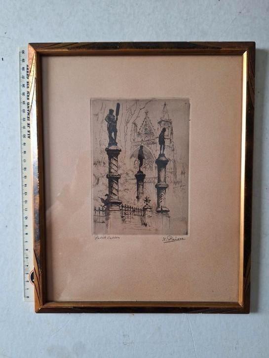 Ets Kurt Peiser "Petit Sablon" originele art deco kader, Antiek en Kunst, Kunst | Etsen en Gravures, Ophalen of Verzenden